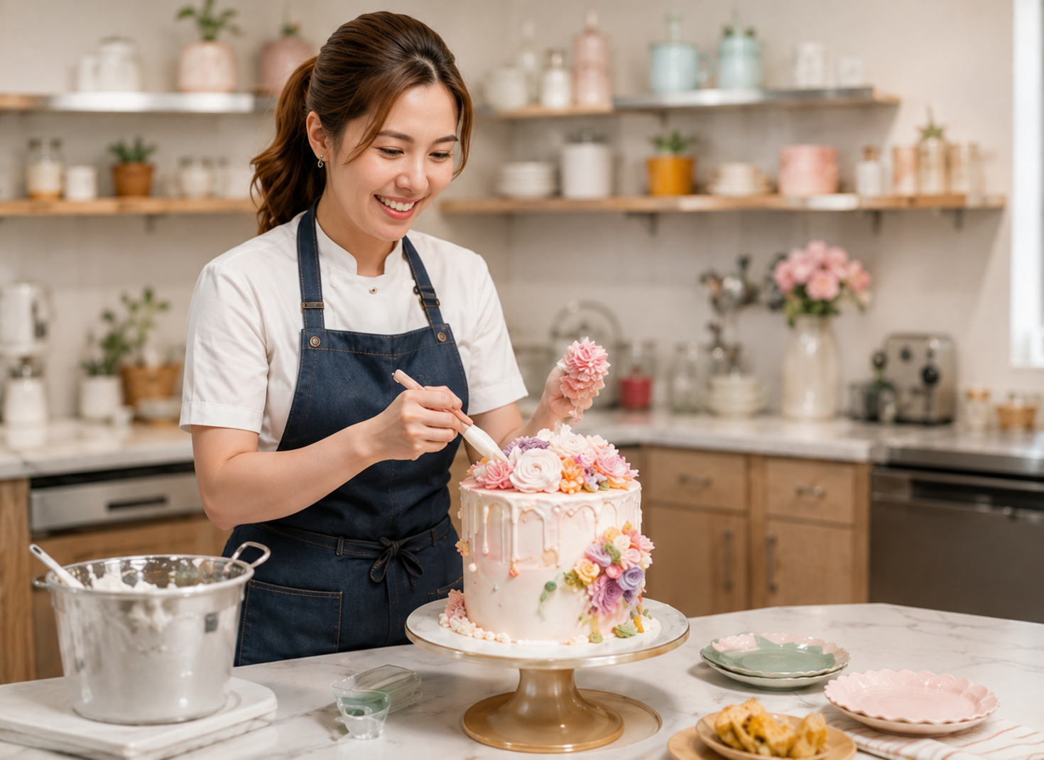 Cake designer adding finishing touches to a floral cake