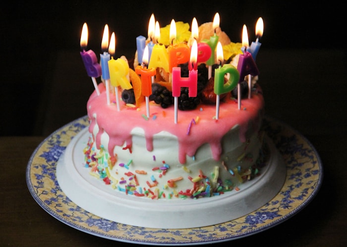Birthday cake topped with glowing candles